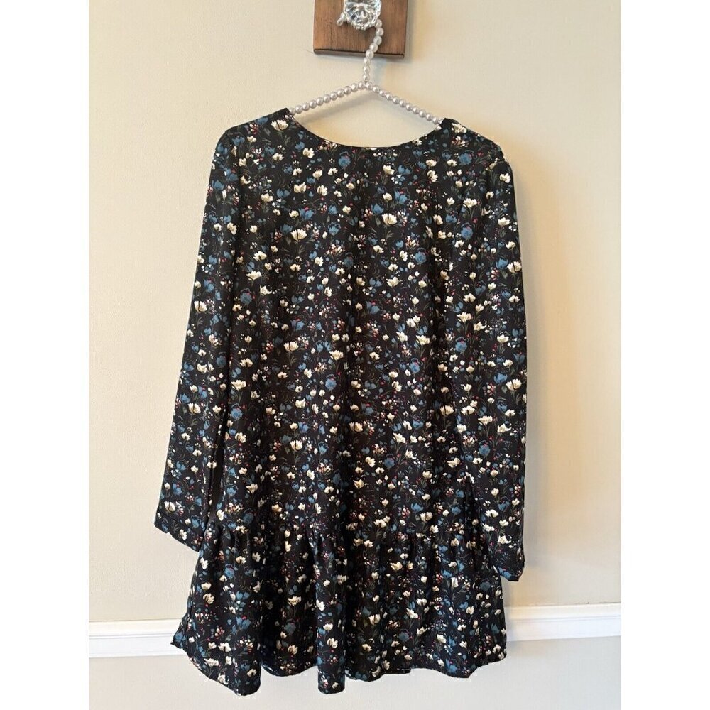 Philosophy Size S Black Floral Dress Long Sleeve Tie Back Baby Doll Drop Waist